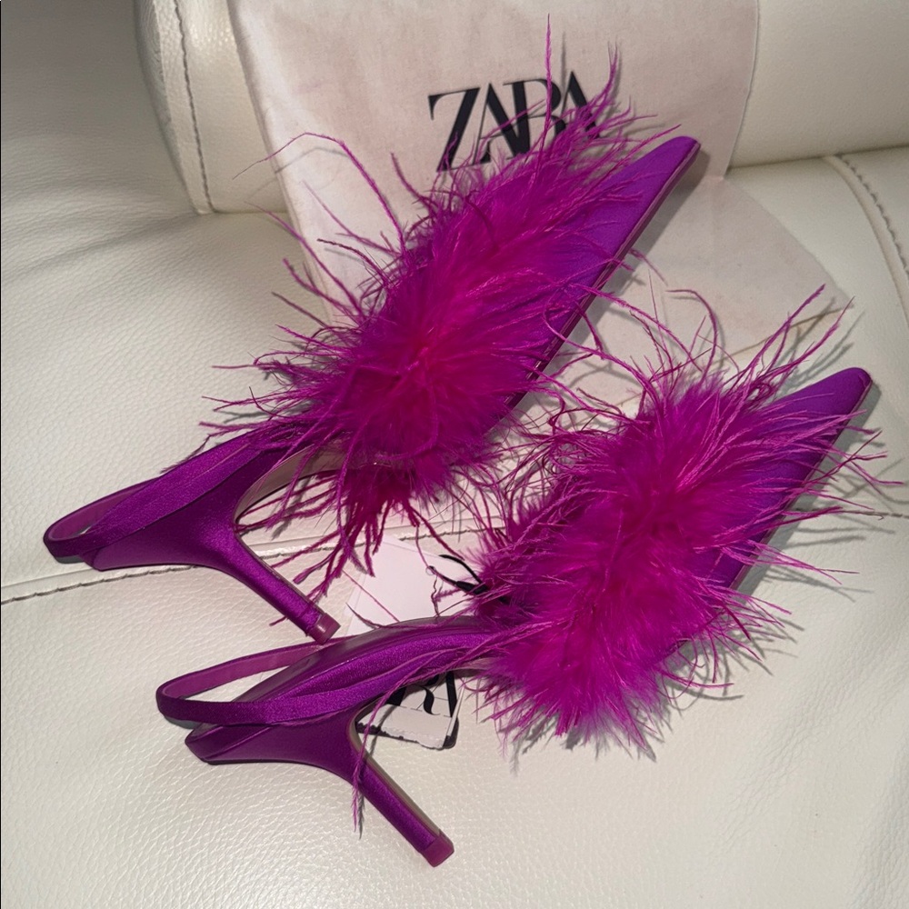 Zara Satin Slingback Pumps‎ Pointed Toe Feather Heels - Picture 16 of 17